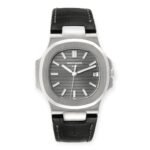 Patek Philippe Nautilus 18K White Gold Black Strap Mens Watch 5711
