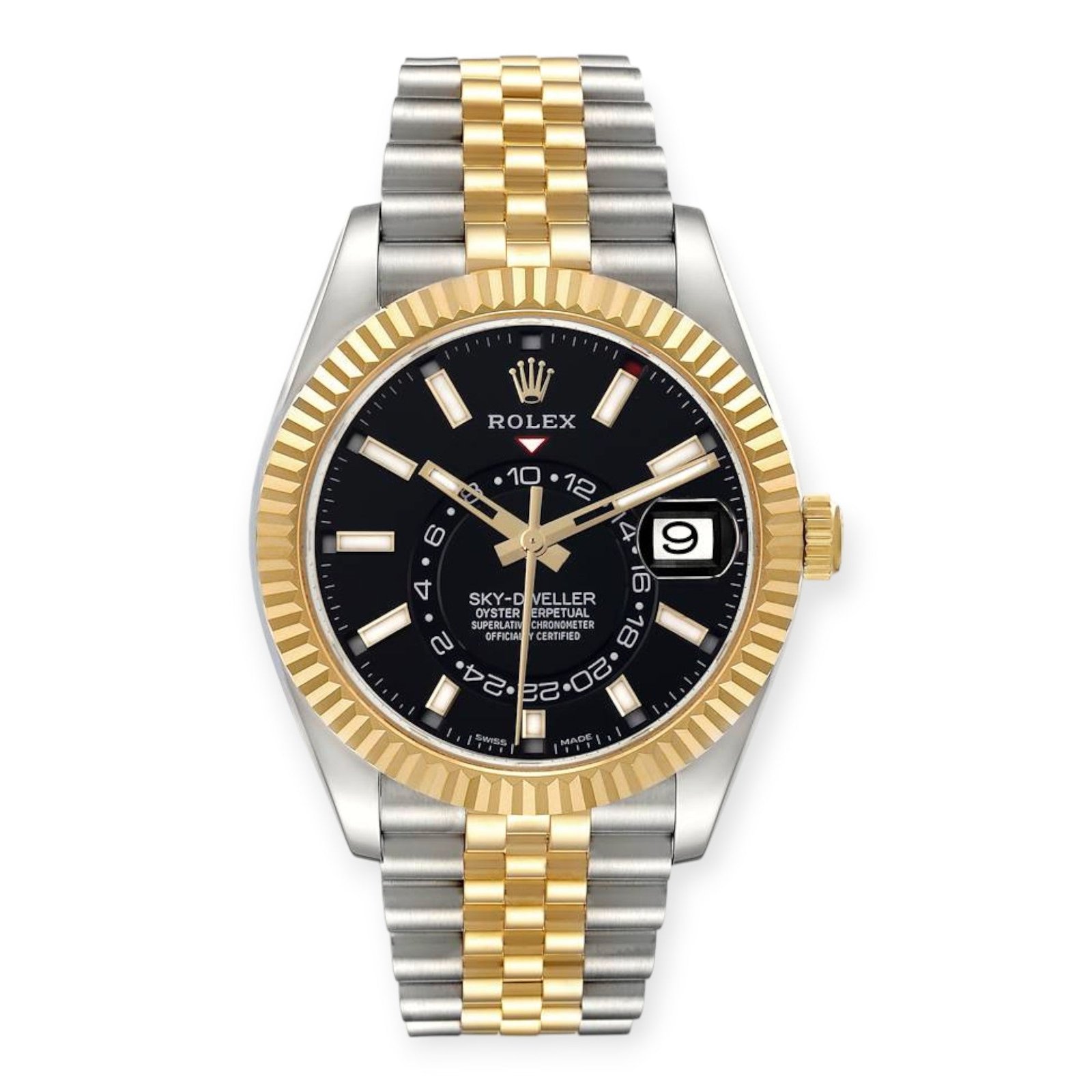 Pre-Owned-Rolex-Sky-Dweller-Stainless-Steel-and-Yellow-Gold-Jubilee-Bracelet-Black-Dial-326933-JD-Watches-NY.jpg Rolex Sky Dweller Stainless Steel and Yellow Gold Jubilee Bracelet Black Dial 326933 - Image 1
