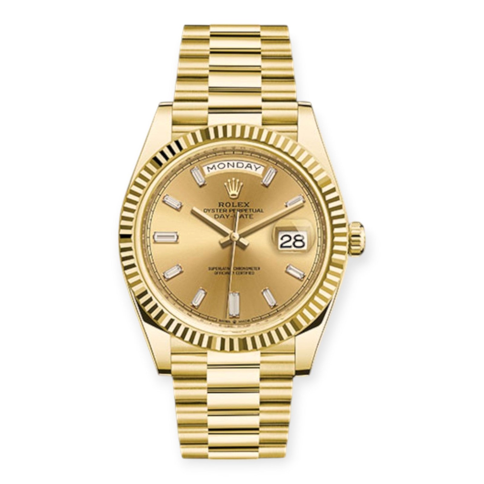 Pre-Owned-Rolex-Yellow-Gold-Day-Date-40-Watch-Champagne-Baguette-Diamond-Dial-President-Bracelet-JD-Watches-NY.jpg Rolex Yellow Gold Day-Date 40 Watch Champagne Baguette Diamond Dial - President Bracelet - Image 1